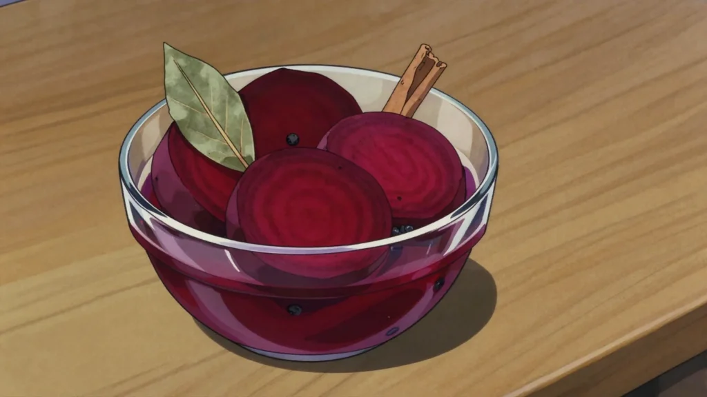 Syltede rødbeder, beetroot slices pickled in sweetened vinegar, bright on, Denmark fermented & pickled, anime style