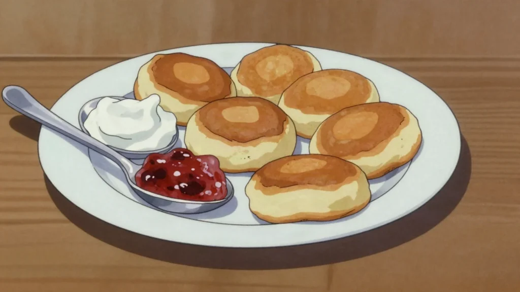 Syrniki, curd-cheese pancakes with jam or condensed milk, Russia breakfast, anime style