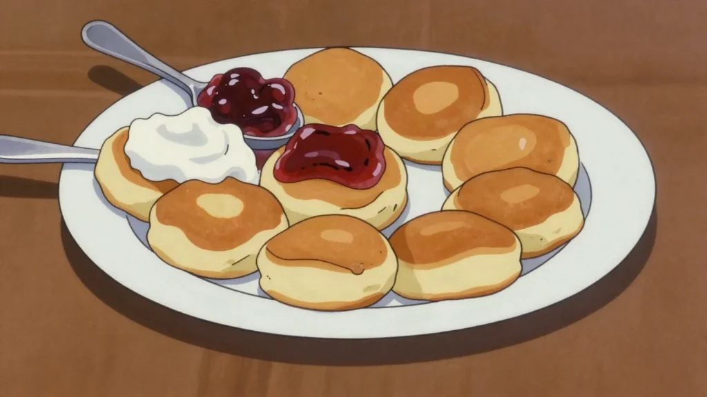 Syrnyky, fried curd-cheese pancakes with jam, smetana, Ukraine breakfast, anime style
