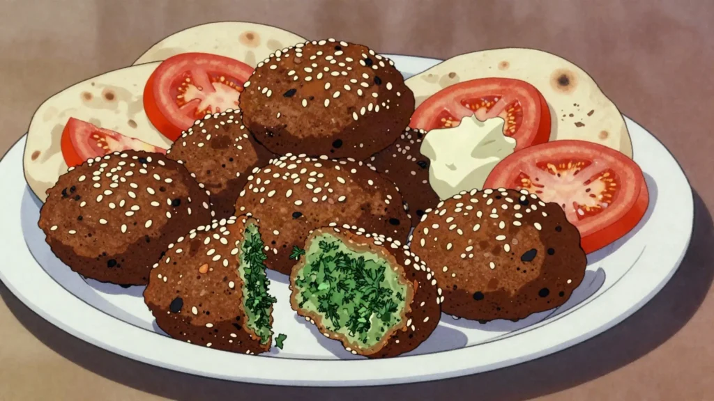 Ta'ameya, herb-green fava-bean falafel crusted with sesame, stuffed into baladi bread, Egypt street food, anime style
