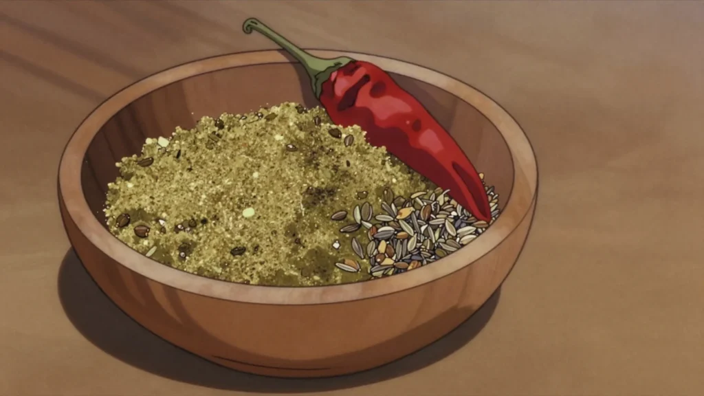 Tabil, ground coriander, caraway, garlic and chili, the base Tunisian seasoning, Tunisia sauce & condiment, anime style
