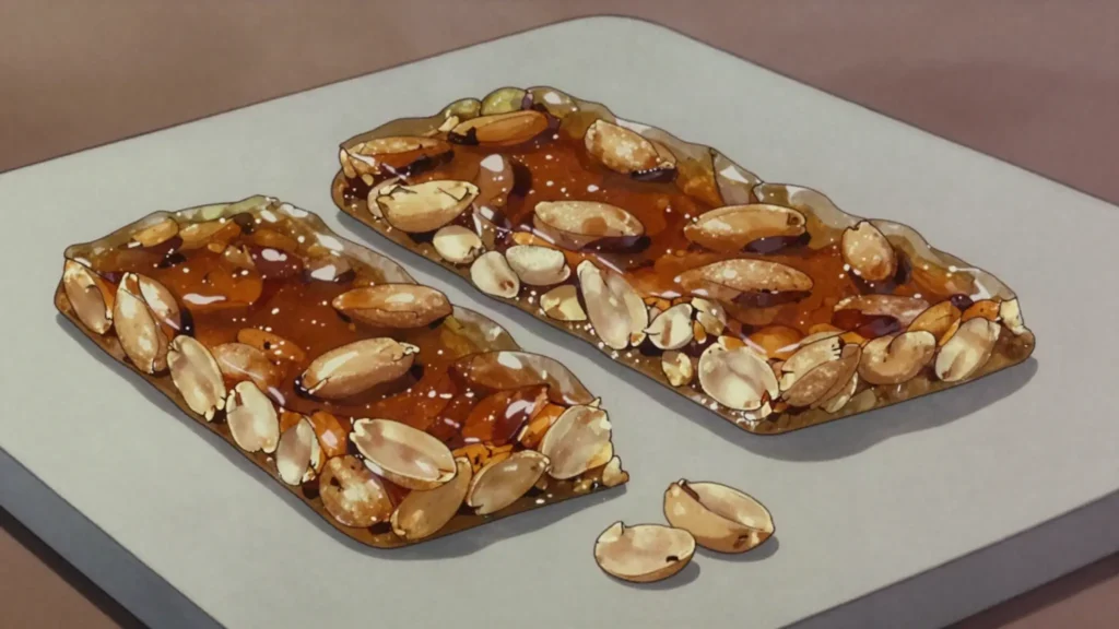 Tablèt pistach, brittle slab of peanuts set in caramelised cane sugar, Haiti snack, anime style