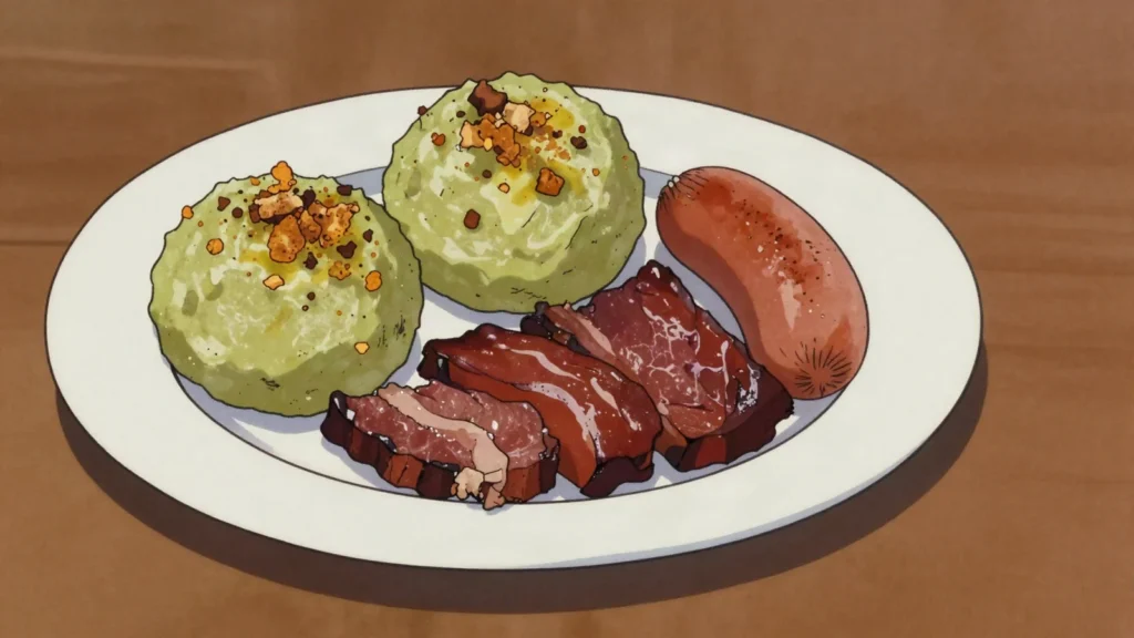 Tacacho con cecina, balls of mashed grilled plantain served with salted smoked pork, Peru main, anime style