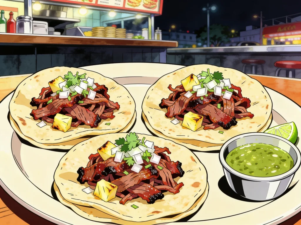 Tacos al pastor, chile-marinated pork shaved from a spit, with pineapple and cilantro, Mexico street food, anime style