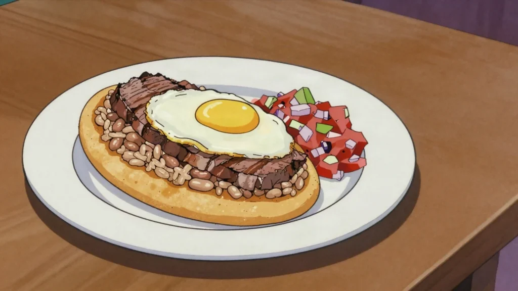 Tacu tacu, griddled cake of leftover rice and beans, often topped with steak, Peru main, anime style
