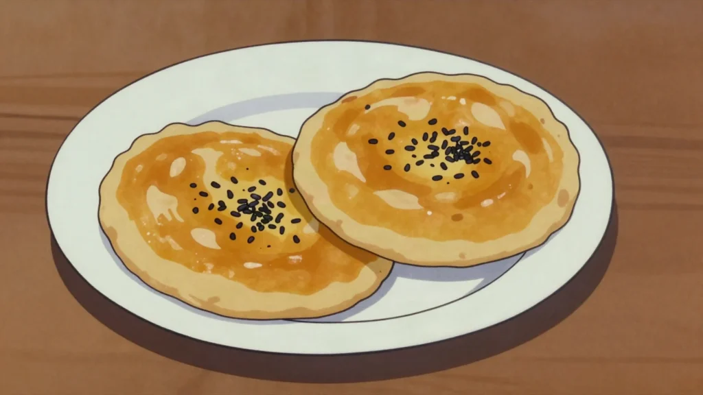 Taftan, leavened saffron-and-milk flatbread baked in a tandoor, dotted with nigella, Pakistan bread & pastry, anime style