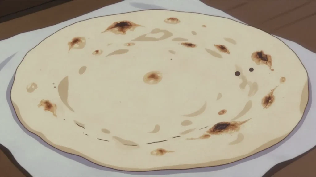 Taftoon, thin round bread with a dimpled crust, baked against a hot oven wall, Iran bread & pastry, anime style