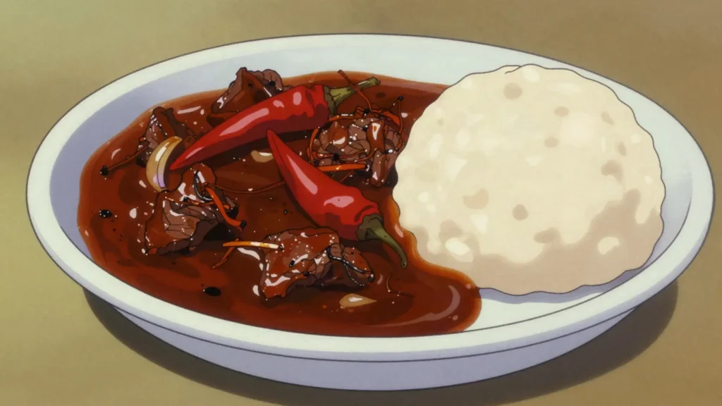 Tagalia, sauce of minced or dried meat with tomato and onion, served over dumplings, Chad sauce & condiment, anime style