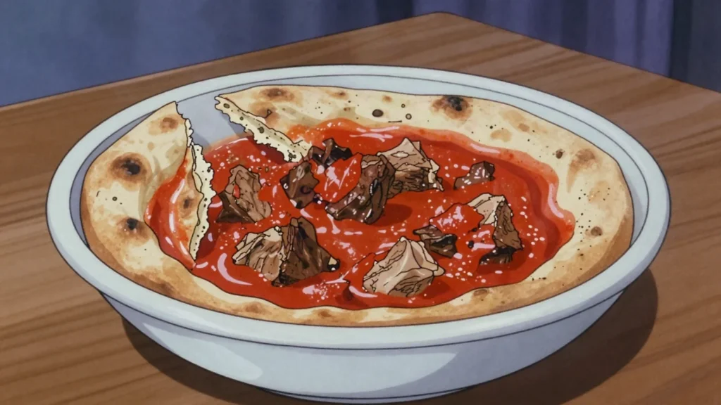 Taguella, tuareg flatbread baked under hot sand and embers, broken into sauce, Niger bread & pastry, anime style