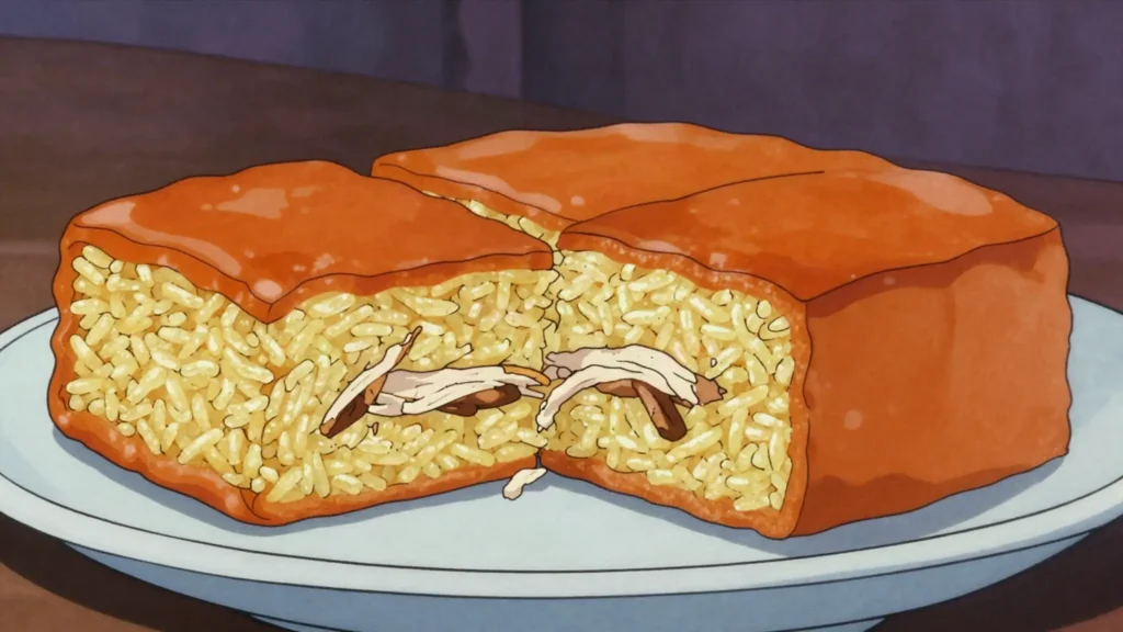 Tahchin, saffron-yogurt rice cake layered with chicken, cut in golden slabs, Iran main, anime style