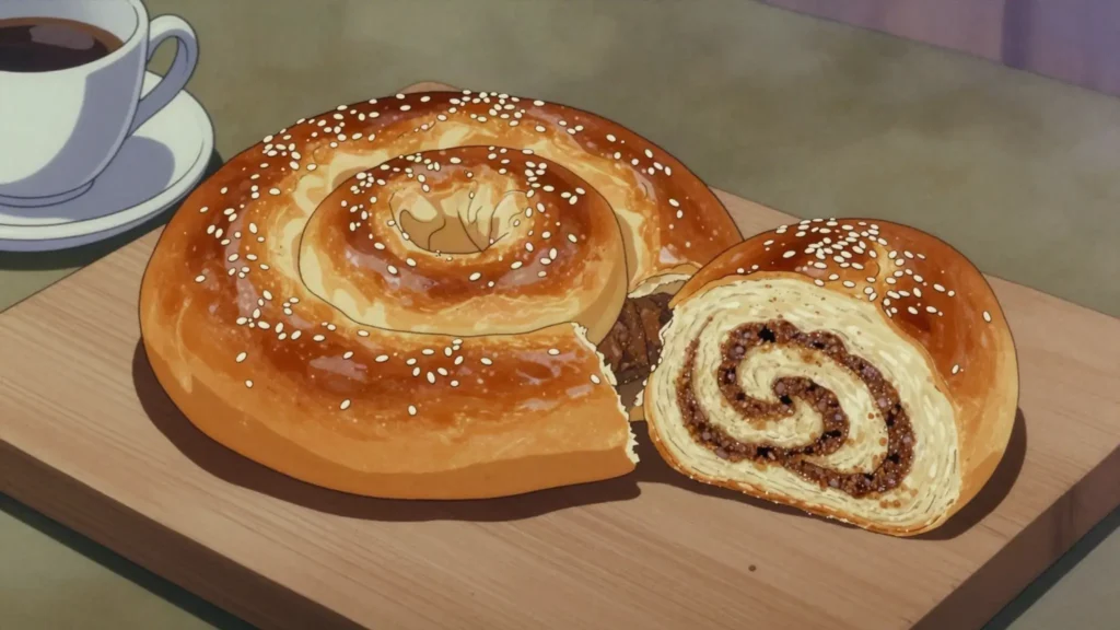 Tahinopita, coiled bread rolled with sesame paste, sugar and cinnamon, Cyprus bread & pastry, anime style