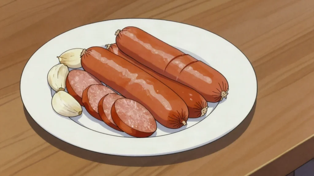 Taiwanese Sausage, sweet grilled pork sausage, often eaten with raw garlic cloves, Taiwan street food, anime style