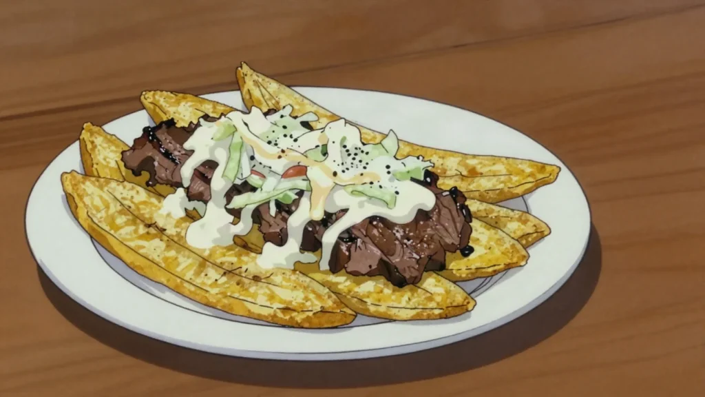 Tajadas, crisp fried plantain strips alongside grilled meats, Nicaragua salad & side, anime style