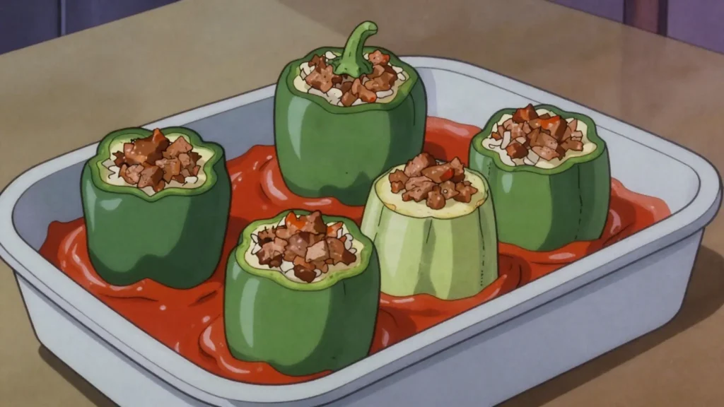 Tajin mahshi, peppers, courgettes and aubergines stuffed with minced meat and rice, then baked, Libya main, anime style