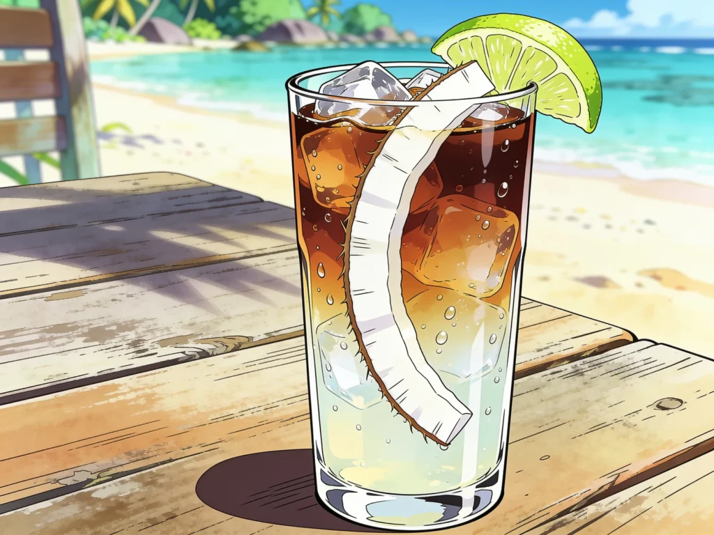 Takamaka rum, molasses rum aged in oak, drunk neat or with coconut water, Seychelles wine & spirit, anime style