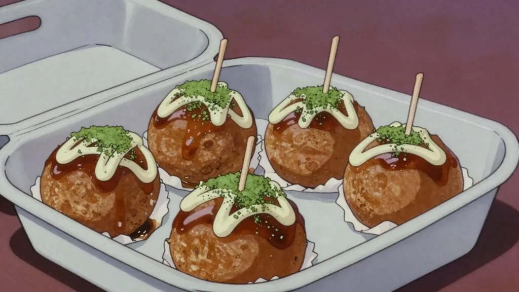 Takoyaki, osaka griddled batter balls with octopus, drizzled with sauce and bonito, Japan street food, anime style