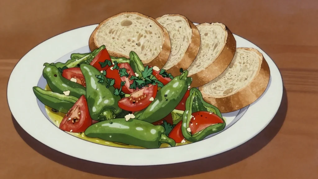 Taktouka, cooked salad of roasted green peppers and tomatoes, scooped with bread, Morocco salad & side, anime style