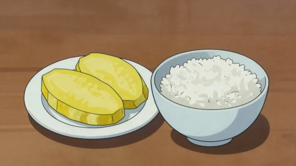 Takuan, whole daikon dried then cured in rice bran and salt; bright yellow, Japan fermented & pickled, anime style