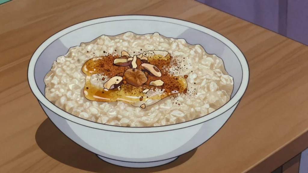 Talbina, soothing barley flour porridge cooked in milk, sweetened with honey or dates, Saudi Arabia breakfast, anime style