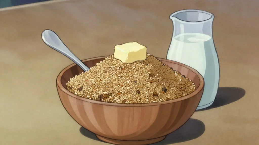 Talkan, roasted ground barley or wheat, eaten with butter, sugar or milk, Kazakhstan snack, anime style
