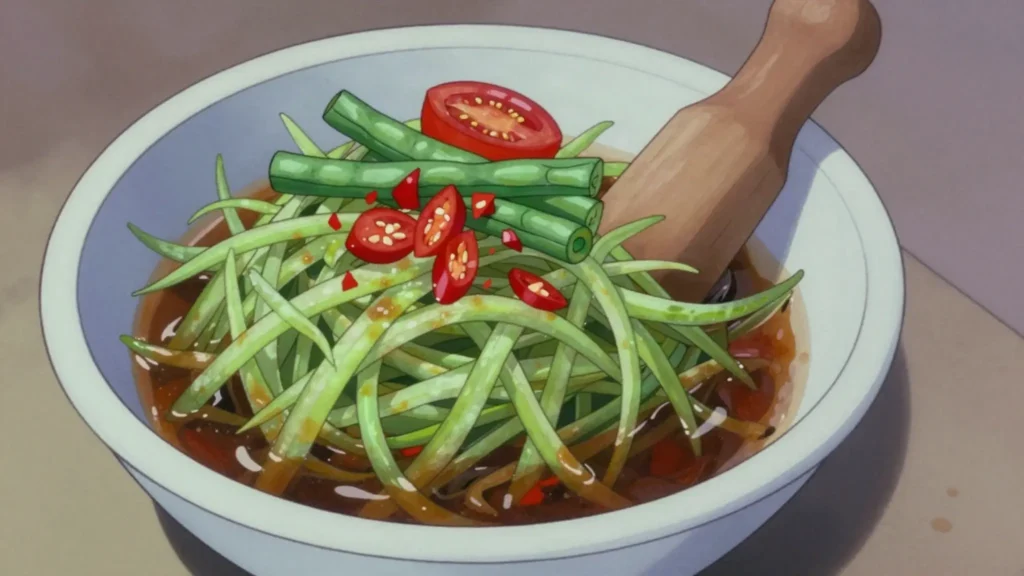 Tam Mak Hoong, lao papaya salad punched up with padaek fermented fish sauce, Laos salad & side, anime style