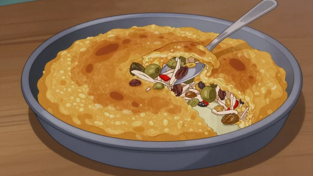 Tamal de olla, pot-baked corn tamale casserole with chicken and olives, Panama main, anime style