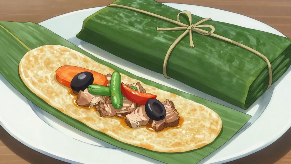 Tamal, christmas pork tamales steamed in banana leaves, Costa Rica main, anime style