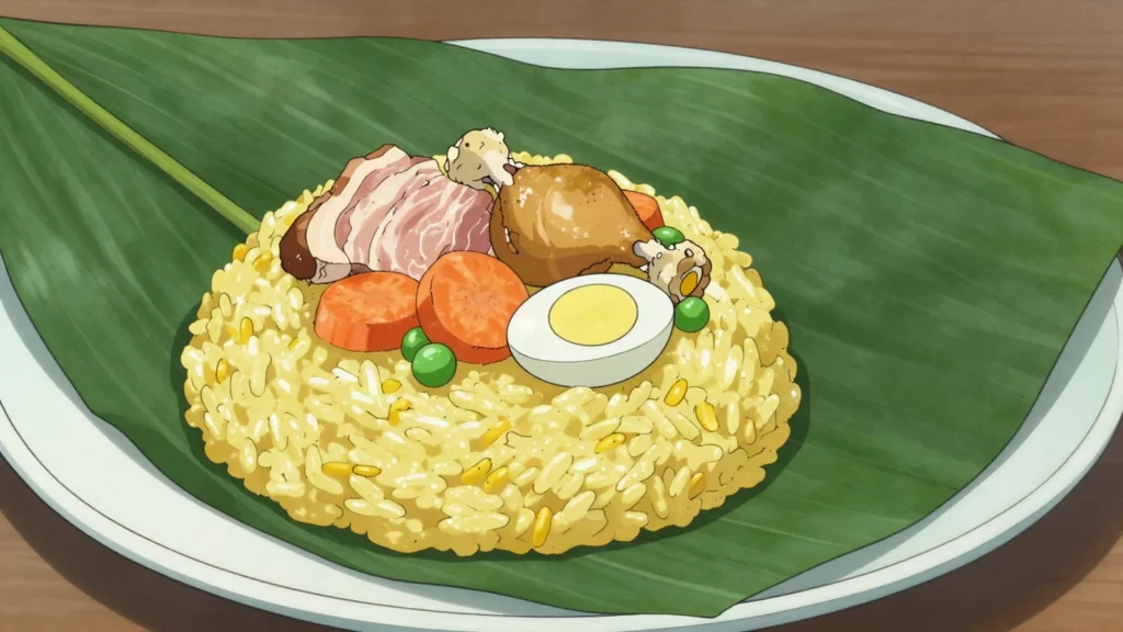 Tamal tolimense, rice, pork, chicken and vegetables steamed in plantain leaves; weekend breakfast, Colombia main, anime style
