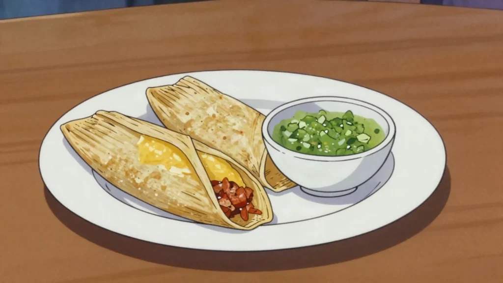 Tamales, masa steamed in husks or banana leaves with savory fillings, Mexico main, anime style