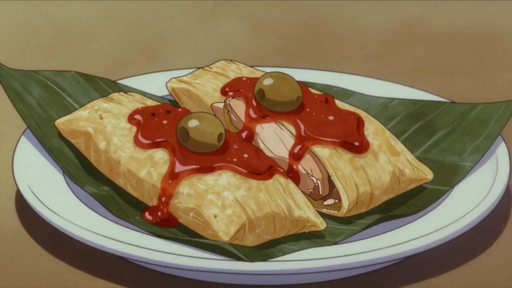 Tamales colorados, red recado tamales in banana leaves, Saturday tradition, Guatemala main, anime style
