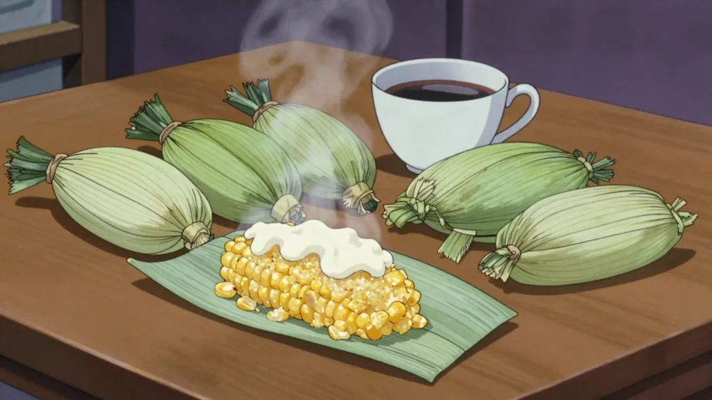 Tamales de elote, sweet young-corn tamales served with crema, El Salvador snack, anime style