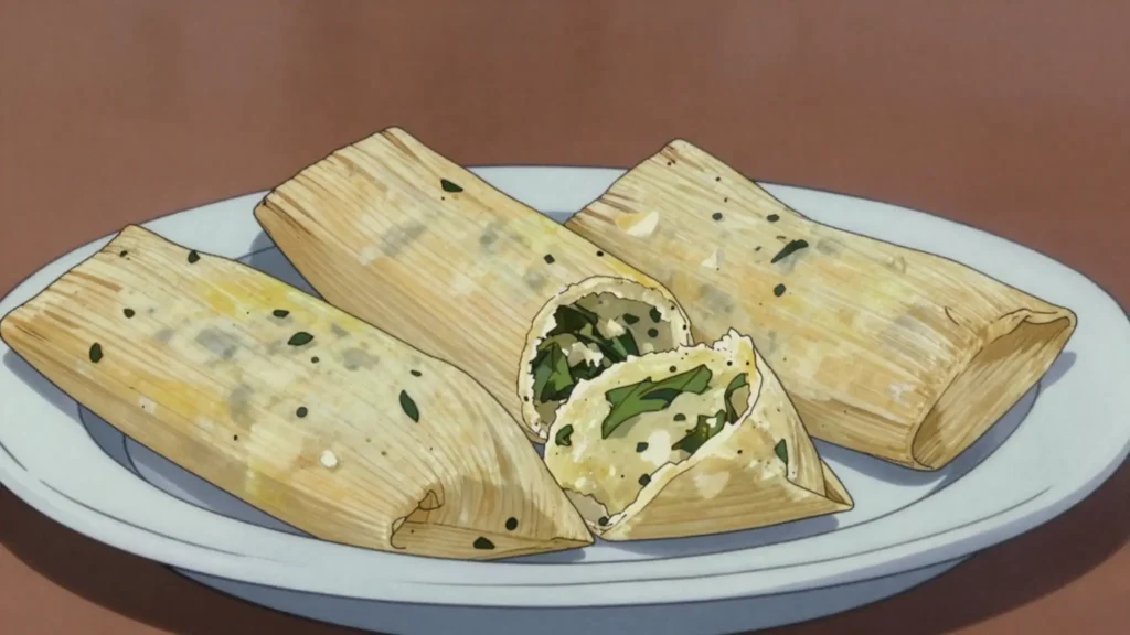 Tamalitos de chipilín, small corn tamales flecked with chipilín leaves, steamed in husks, Guatemala snack, anime style