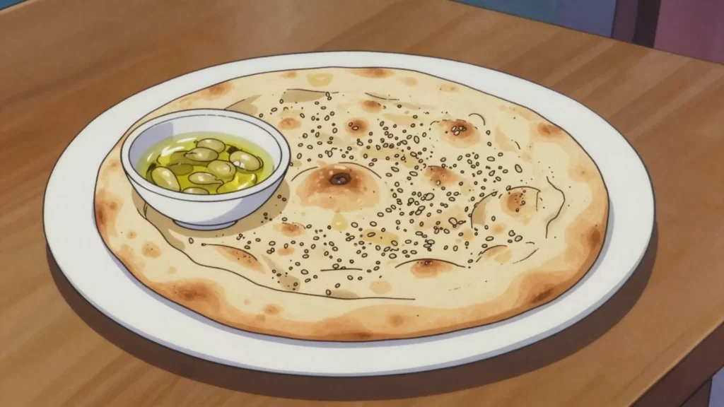 Tamees, giant Afghan-style tandoor bread, Hejazi breakfast partner for ful, Saudi Arabia bread & pastry, anime style