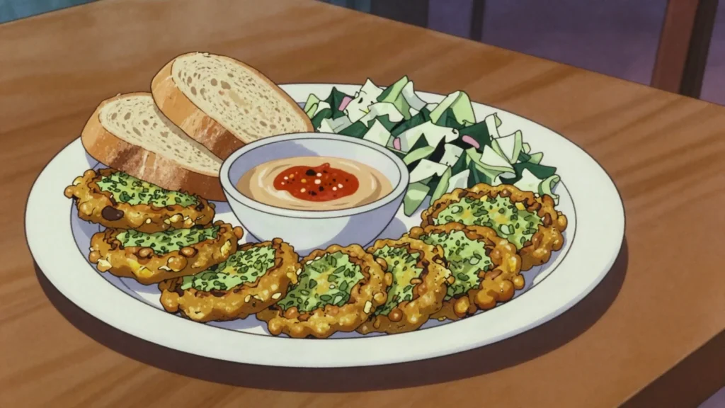 Tamia, fried chickpea-fava fritters, the local falafel, South Sudan street food, anime style