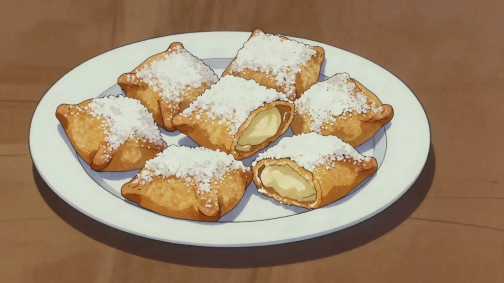 Tamriyeh, fried pastry pockets of sweet semolina cream, dusted heavily with icing sugar, Syria street food, anime style