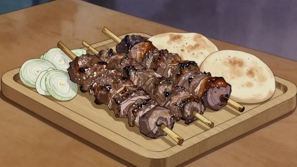Tandir kabob, whole pieces of lamb sealed in a clay tandir and roasted in its heat, Uzbekistan main, anime style