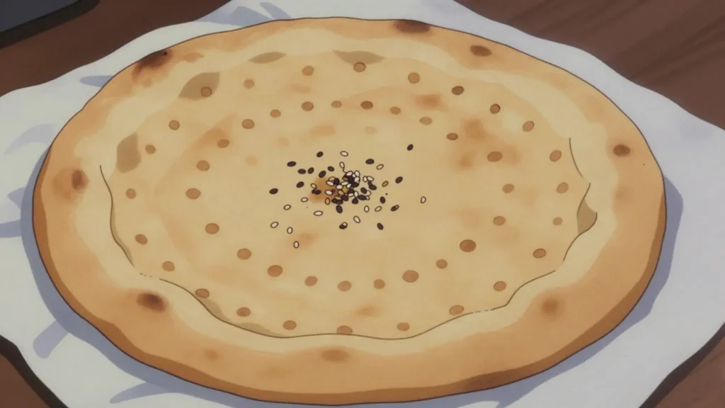 Tandyr nan, round flatbread stamped in the centre and baked on a clay oven wall, Kyrgyzstan bread & pastry, anime style
