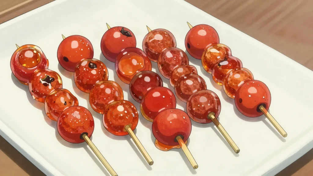 Tanghulu, skewered hawthorn berries in a crackling candied sugar shell, China street food, anime style