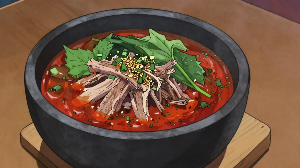 Tangogi Guk, dog-meat soup with perilla and greens, eaten as a summer stamina dish, North Korea soup & stew, anime style