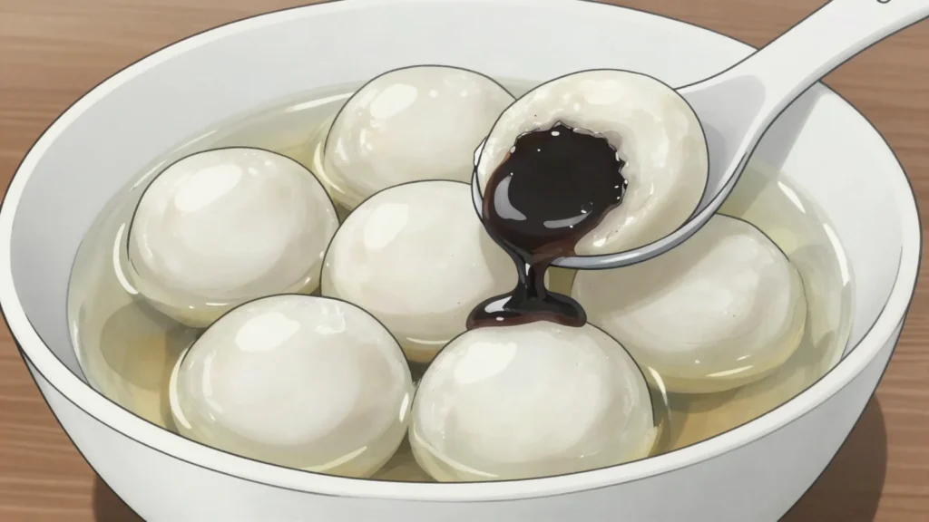 Tangyuan, glutinous rice balls with sesame or peanut filling in sweet soup, China dessert, anime style