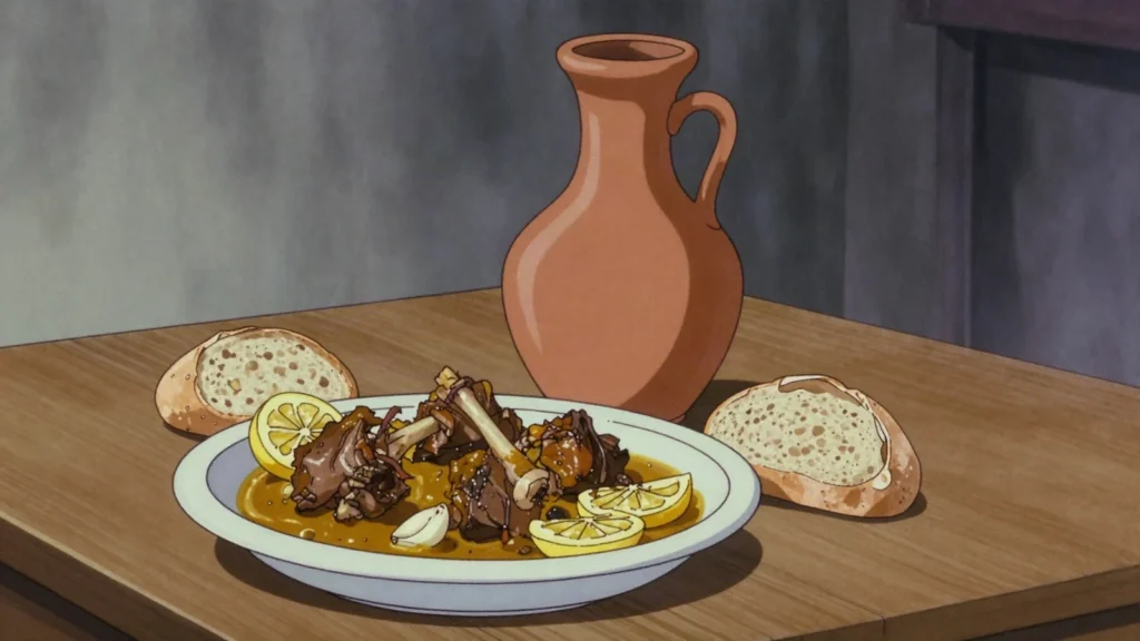 Tanjia, marrakshi lamb sealed in a clay urn, slow-cooked in hammam ashes, Morocco main, anime style