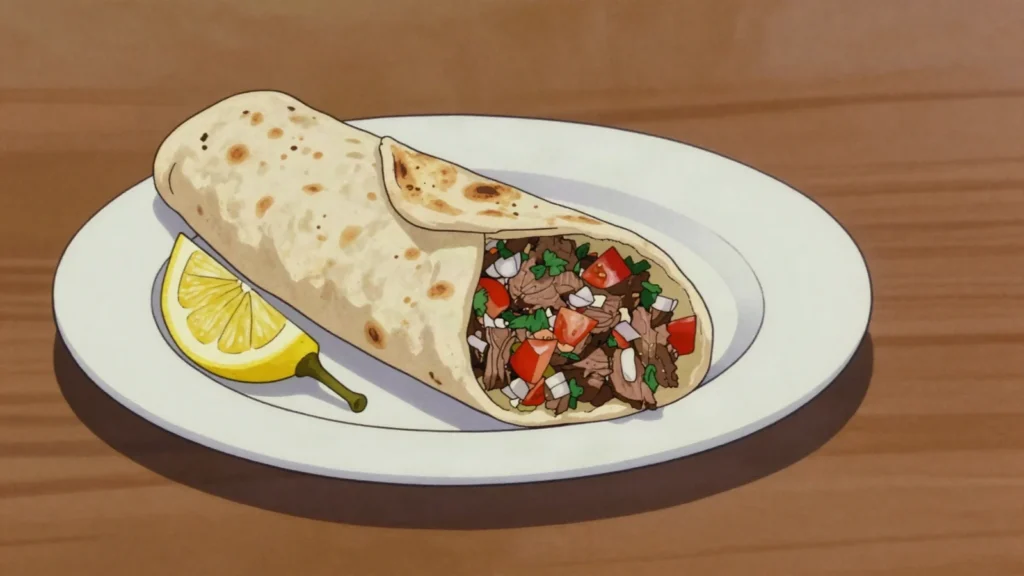 Tantuni, finely chopped beef cooked on a hot iron plate, rolled in thin lavash, Turkey street food, anime style