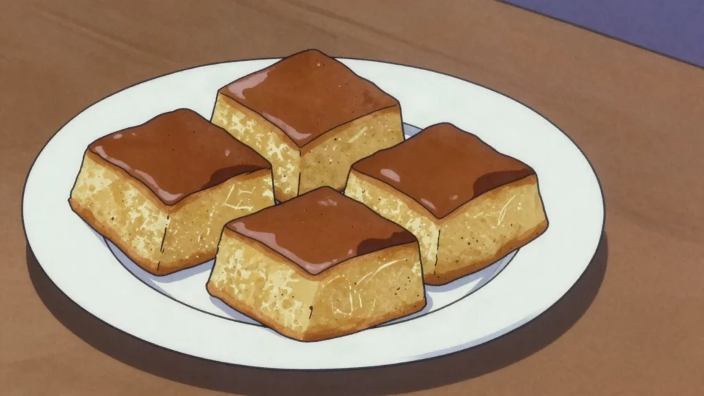 Tapioca Cake, grated cassava baked with coconut cream and sugar into a sticky slab, Palau dessert, anime style