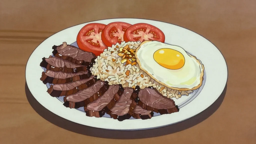Tapsilog, cured beef tapa with garlic fried rice and runny egg, Philippines breakfast, anime style