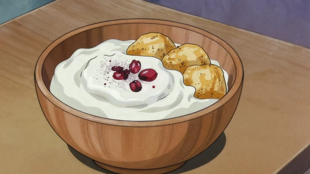 Tarag, thick soured yoghurt from cow, yak or camel milk, eaten by the bowl, Mongolia cheese & dairy, anime style