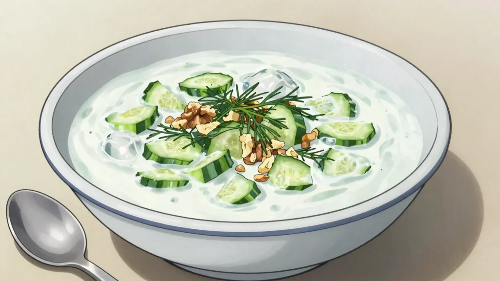 Tarator, cold yogurt soup with cucumber, dill, walnuts, Bulgaria soup & stew, anime style