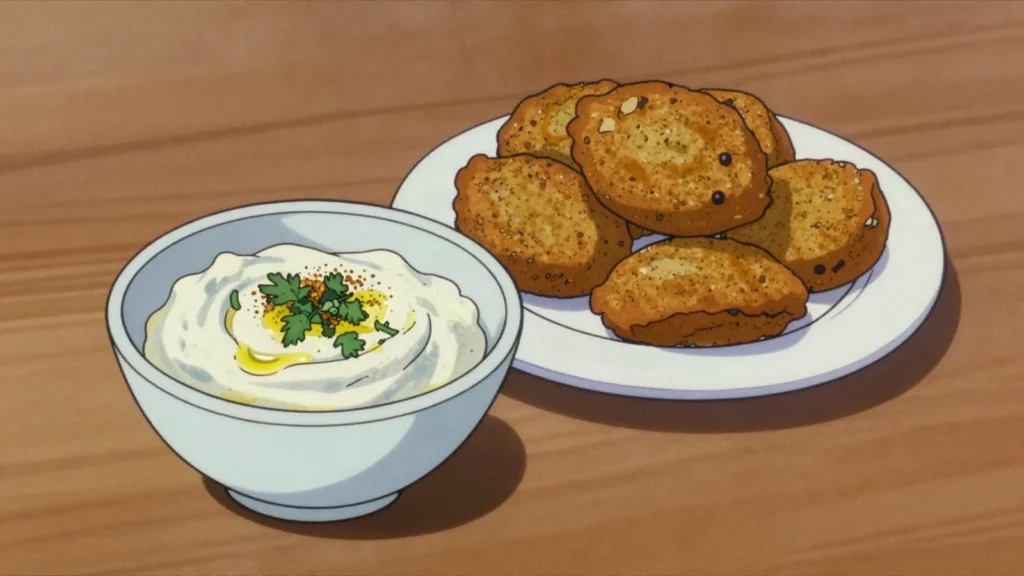 Tarator, tahini loosened with lemon, garlic and water, poured over fish and falafel, Lebanon sauce & condiment, anime style