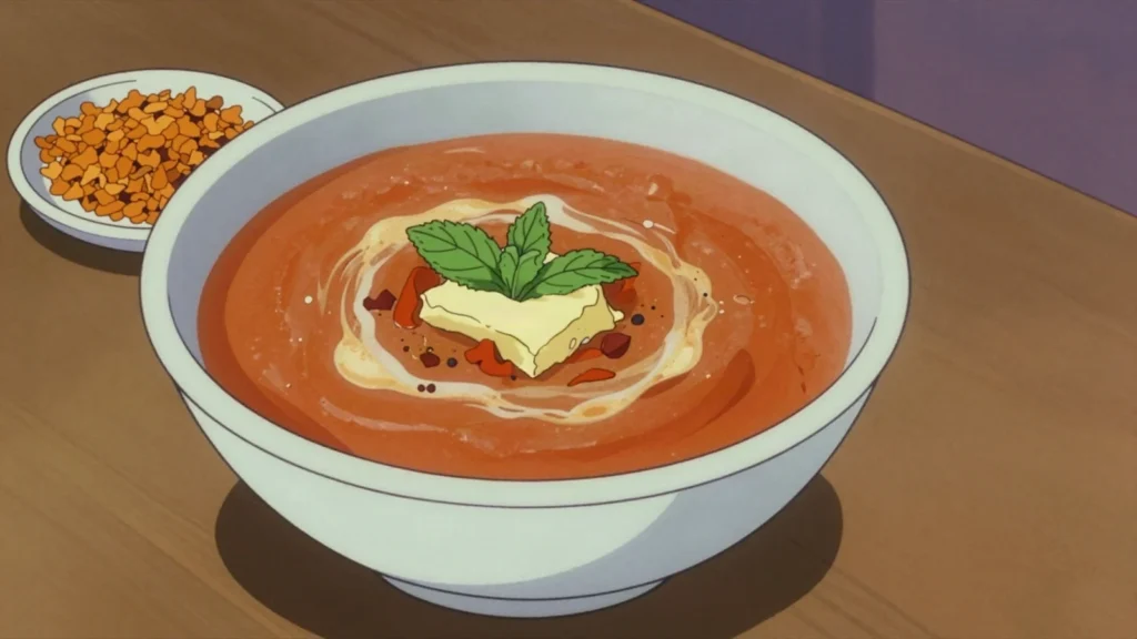 Tarhana, yoghurt, flour and vegetables fermented then sun-dried into flakes, cooked, Turkey fermented & pickled, anime style
