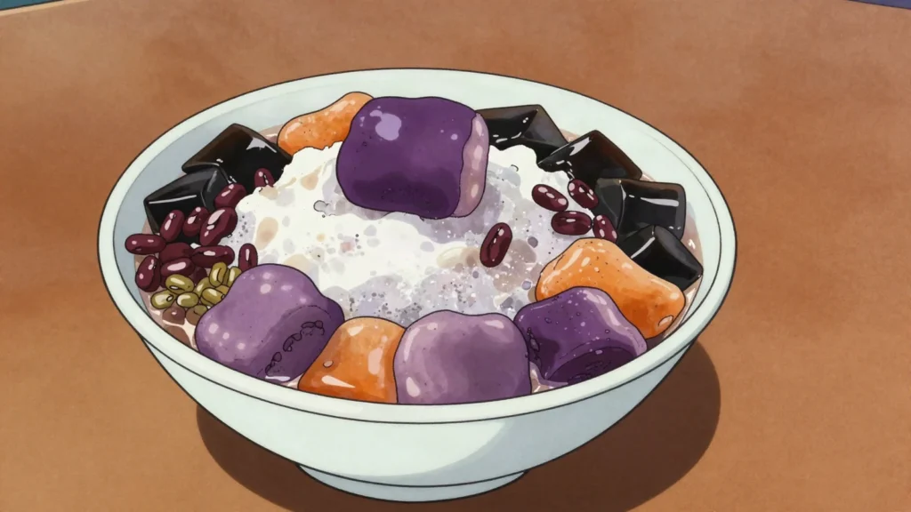Taro Balls, chewy taro and sweet-potato dumplings in iced syrup with beans and jelly, Taiwan dessert, anime style