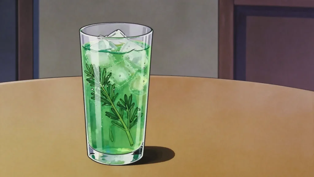 Tarragon lemonade, bright green tarragon soda, sweet and herbal, drunk ice-cold, Georgia drink, anime style
